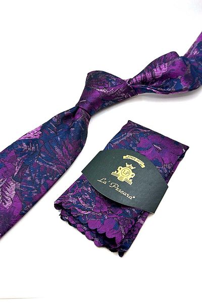 Kravatkolik Navy Blue - Purple Leaf Pattern Classic Tie with Handkerchief Kk13046