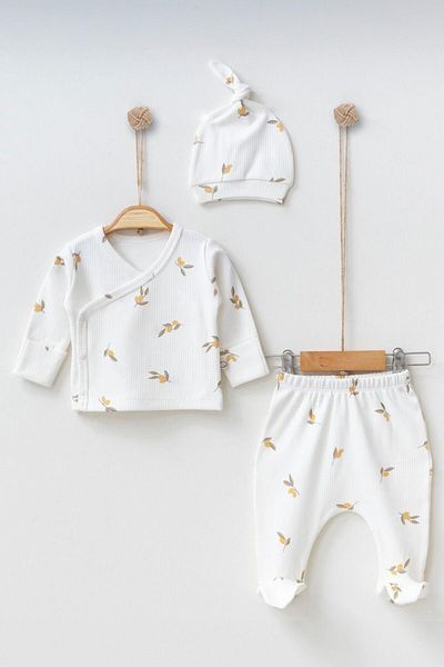 Mini Ropa Olive Printed Ecru Newborn Set - Double Breasted Bodysuit Set
