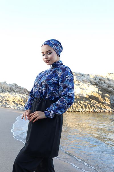 new ats Blue Black 3-Piece Hijab Swimsuit - Palm Pattern and Adjustable Waist Elastic