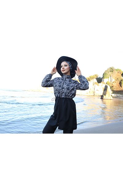 new ats Palm Patterned 3-Piece Hijab Swimsuit with Adjustable Elastic Waist Black and White
