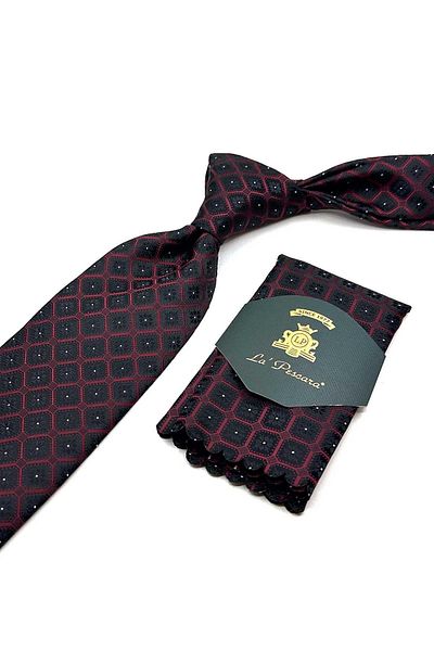 Kravatkolik Classic Tie with Black Motif Pattern Handkerchief Kk12851