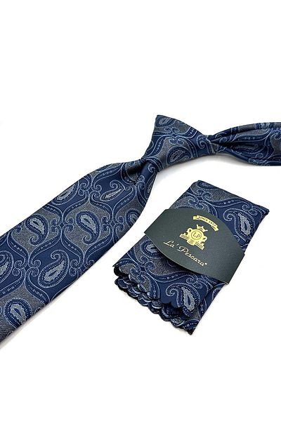 Kravatkolik Gray - Navy Blue Classic Tie with Shawl Pattern Handkerchief Kk12884