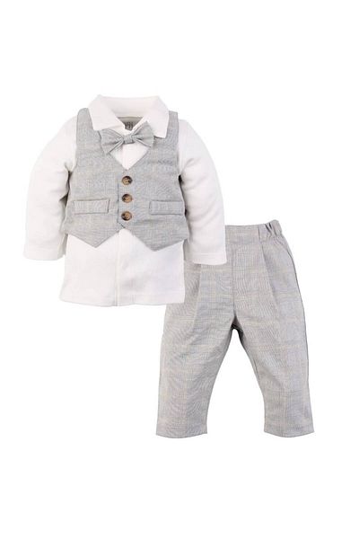 Mini Ropa بدلة طفل رضيع مع سترة - ملابس يوم خاص رمادية مربعة