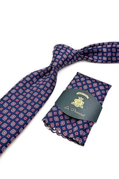 Kravatkolik Navy Blue - Red Motif Pattern Classic Tie with Handkerchief Kk12986