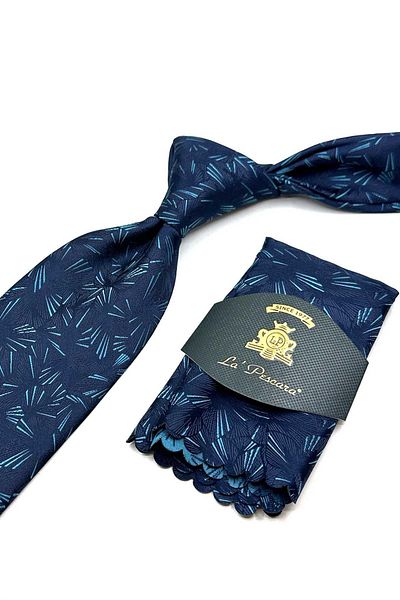 Kravatkolik Classic Tie with Navy Blue Motif Pattern Handkerchief Kk12919