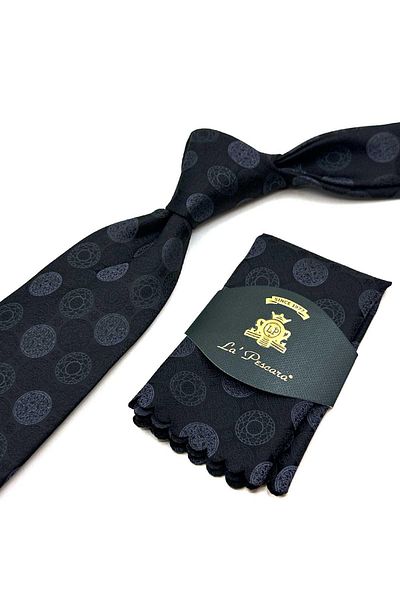 Kravatkolik Black Polka Dot Pattern Classic Tie with Handkerchief Kk12990