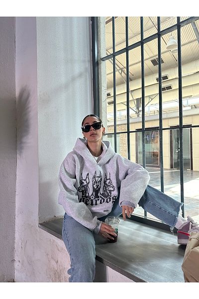 Cos Weirdos Gray Fog - Rhinestone Stone Detailed Hoodie Sweatshirt