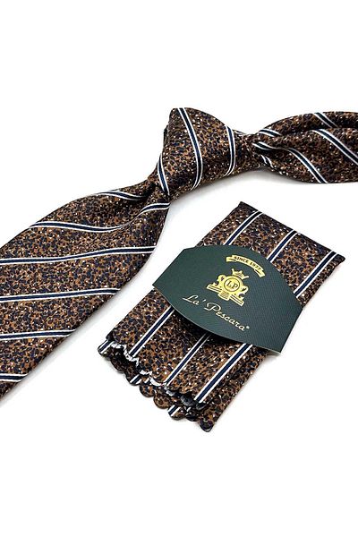 Kravatkolik Classic Tie with Copper Line Pattern Handkerchief Kk12914