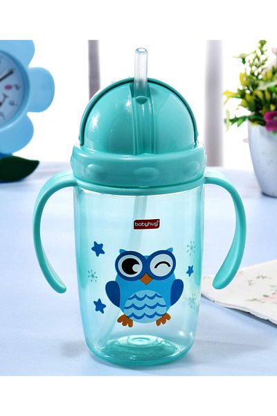 Babyhug Owl Printed Drinking Bottle with Straw Blue - 360ml