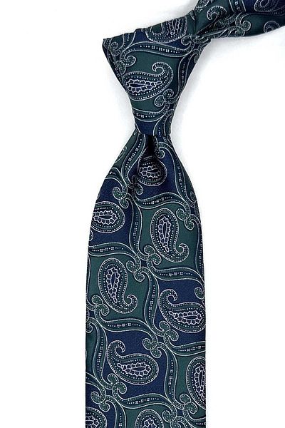 Kravatkolik Green - Navy Blue Classic Tie with Shawl Pattern Handkerchief Kk12888