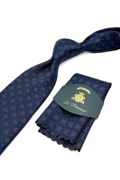 Kravatkolik Classic Tie with Navy Blue Motif Pattern Handkerchief Kk13039