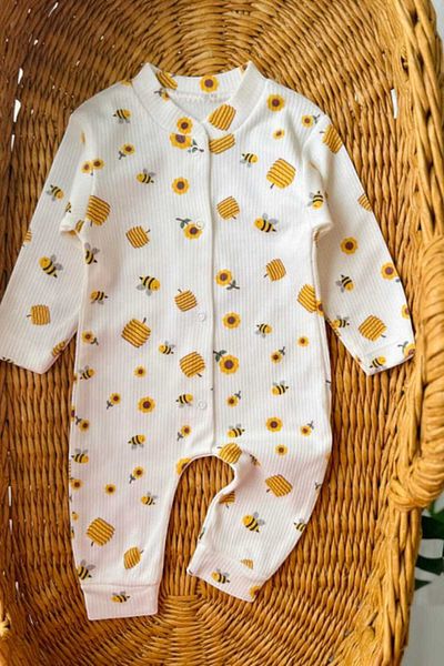dinamik çocuk Unisex Newborn Baby Onesie - 100% Cotton, Flexible, Bee Printed with Snap Fasteners, 1-3-6 Months
