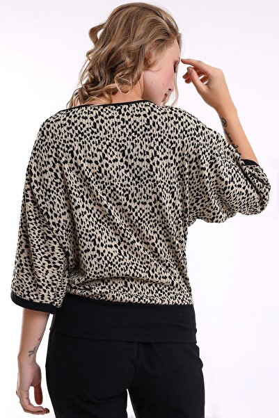 Şiir Melipilla Kadın Yumuşak Dokulu Yarasa Truvakar Kollu Leopar Jakar Desen Örme Bluz & Penye Bluz