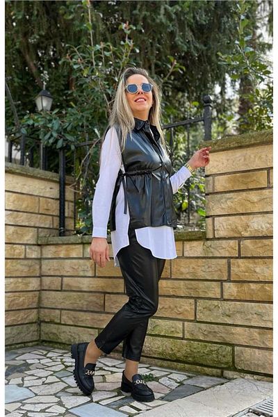 BEBE PLUS Black Gather Detailed Leather Vest