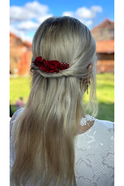 Eva Flore Red Floral Print Bridal Hair Accessory - Hydrangea Pearls, Wedding Comb Barrette, Bun Barrette