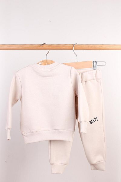 Mini Ropa Baby Boy Beige Sweat Set Raster Truck Embroidered Baby Set