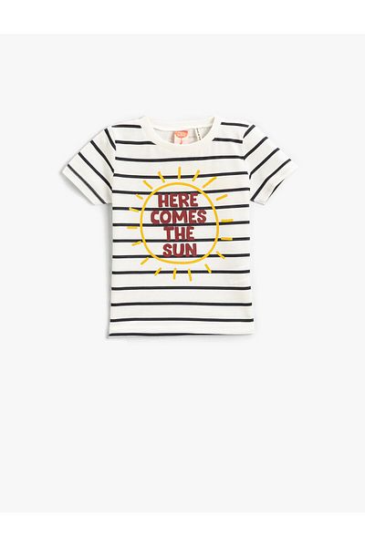 Koton Striped Slogan Printed Short Sleeve T-Shirt Cotton