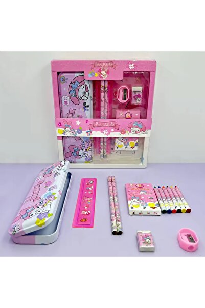 MJ TOYS Sanrio Kuromi My Melody 12 Parça Kırtasiye Seti Kuromi Metal Kalemlikli Kutulu Kırtasiye Seti Pembe