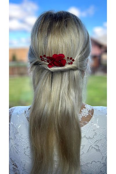 Eva Flore Red Floral Print Bridal Hair Accessory - Hydrangea Pearls, Wedding Comb Barrette, Bun Barrette