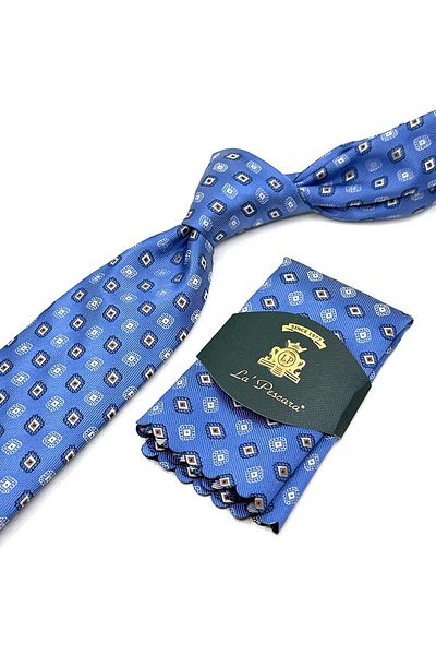 Kravatkolik Classic Tie with Blue Motif Pattern Handkerchief Kk13089