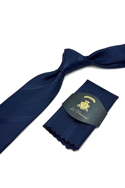 Kravatkolik Navy Blue Classic Tie with Self Pattern Handkerchief Kk13074