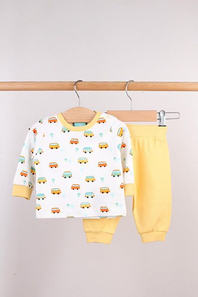 Mini Ropa Bus Printed Yellow Piping Suit for Baby Boy - Bottom Top Set