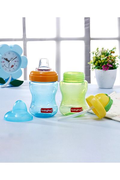 Babyhug Spout & Straw Sipper Set - 180 mL, BPA Free, Ergonomic, Spill-Free, Easy Wash, Green/Blue