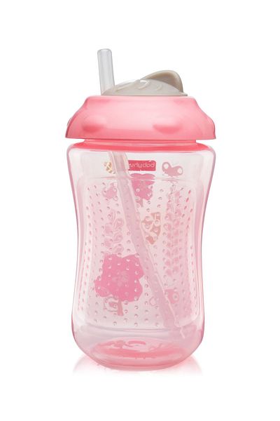 Babyhug 300mL Swipey Straw Sipper Bottle with Flower Print, Pink, Hygienic Lid, BPA Free, 9M+