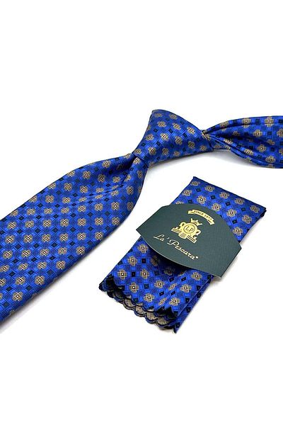 Kravatkolik Classic Tie with Blue Motif Pattern Handkerchief Kk13035