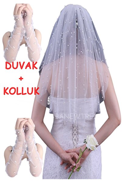 bbays new trend İNCİLİ GELİN KOLLUK+ İNCİL GELİN DUVAK 80CM  İNCİ GELİN DUVAK...