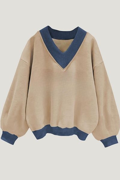 Know Women's 3 Thread Mink Plain V-Neck Oversize Sweatshirt