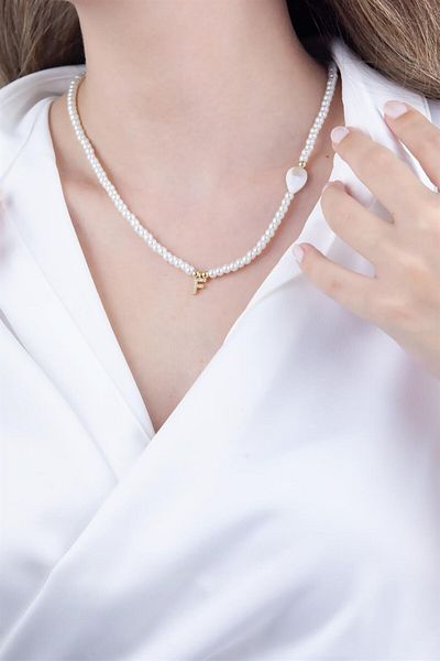 Sose Moda White Pearl Design Necklace with Letter F