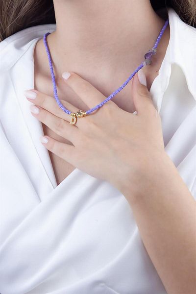 Sose Moda D Letter Lilac Bead Design Necklace