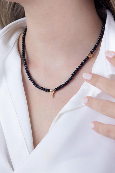 Sose Moda Letter T Black Pearl Design Necklace