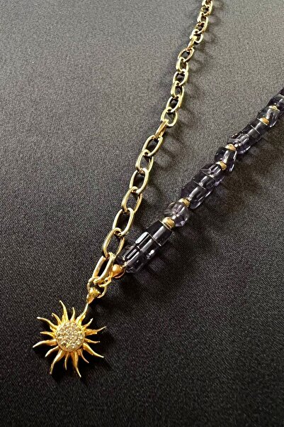 Sose Moda Sun Detailed Purple Stone And Gold Chain Necklace