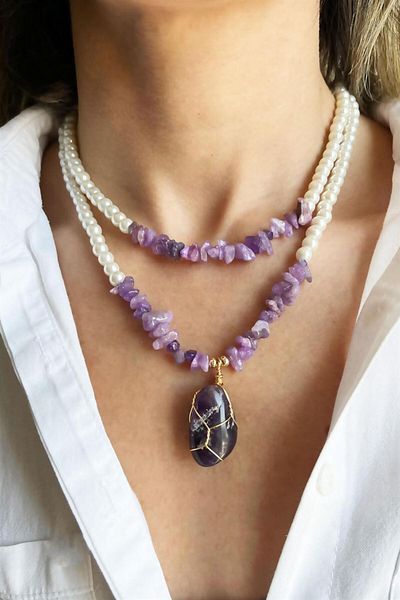 Sose Moda Double Pearl Necklace with Amethyst Natural Stones and Purple Broken Stones