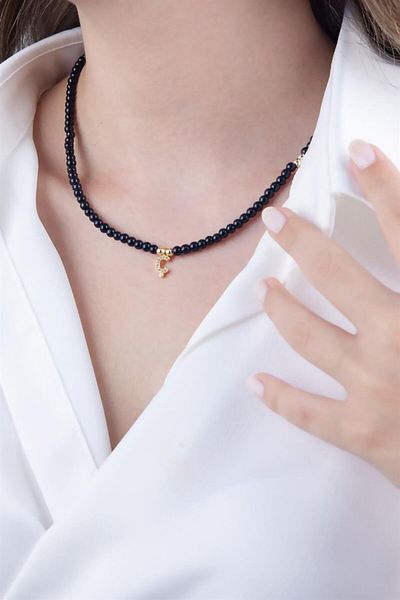 Sose Moda Black Pearl Design Necklace with Letter C
