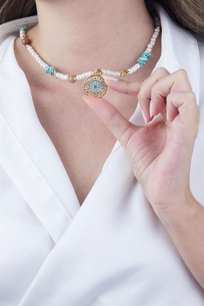 Sose Moda Turquoise Natural Stone with Pearls Zodiac Medallion Necklace