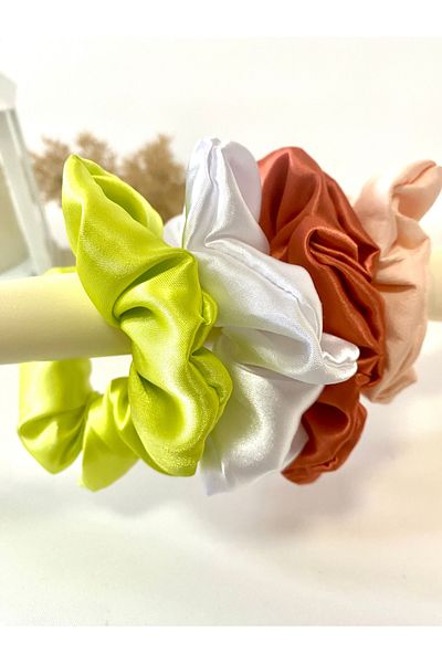 Toka Delisi 4 Pcs Green Kitten Mouth White Tile Comfortable and Stylish Scrunchie Satin Bagel Buckle