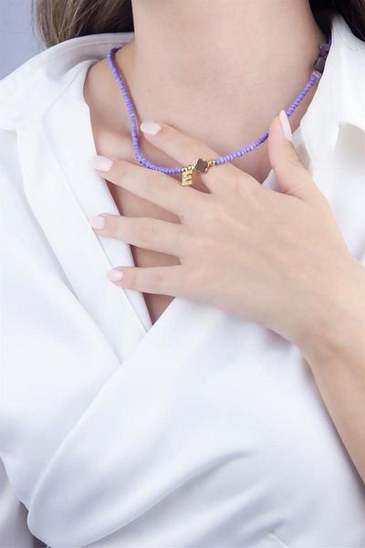 Sose Moda Letter E Lilac Bead Design Necklace