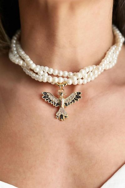Sose Moda Black Color Zircon Detailed Phoenix Pearl Spiral Design Necklace