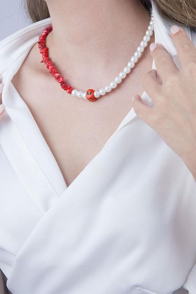 Sose Moda Red Evil Eye Beaded Necklace with Broken Stones and Pearls