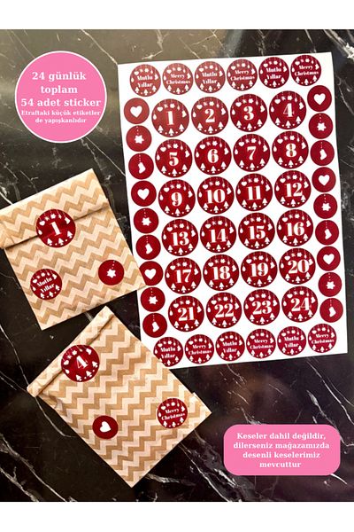 Hayal.kirtasiyesi New Year's Advent Calendar Sticker - 24 Days 54 Pieces Adhesive Gift Calendar