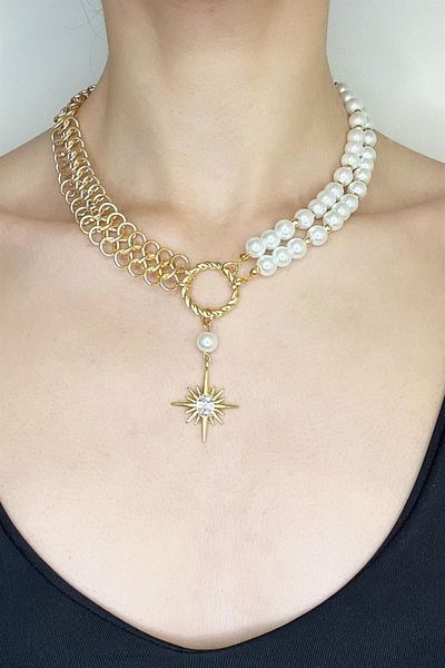 Sose Moda Pearl and Chain Design Polar Star Necklace