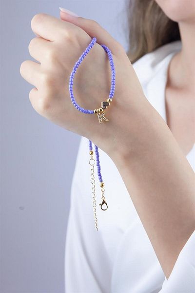 Sose Moda Lilac Bead Design Necklace with Letter K