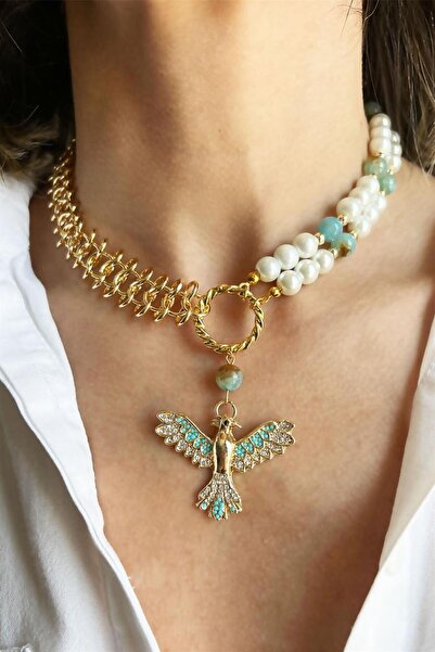 Sose Moda Turquoise Phoenix Detailed Agate Natural Stone Pearl and Chain Necklace