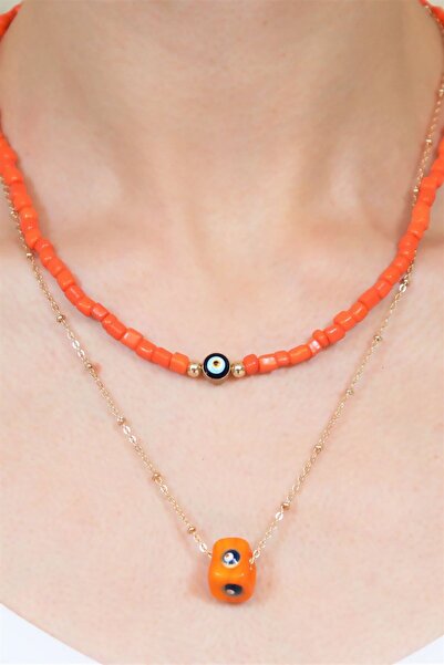 Sose Moda Double Design - Orange Evil Eye Bead Necklace