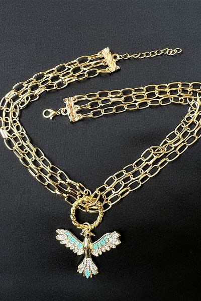 Sose Moda Turquoise Phoenix Three Rows Chain Necklace