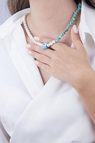 Sose Moda Blue Evil Eye Beaded Necklace with Broken Stones and Pearls