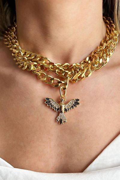Sose Moda Black Color Phoenix Detailed Spiral Design Chain Necklace